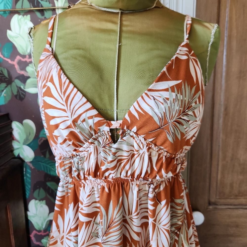 Iris Womens Tropical Palm Print Maxi Dress L Orange White Babydoll Empire Cutout - Picture 2 of 8
